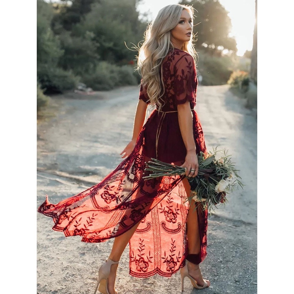 Burgundy/maroon lace romper maxi dress